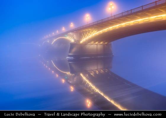 Hungary - Budapest - Margit Híd - Margaret Bridge at Very Misty Dusk - Twilight - Blue Hour - Night