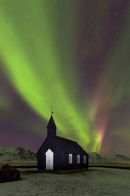 Kp5 Aurora Borealis, Búdir Church, Snaefellsnes Peninsula, West Iceland