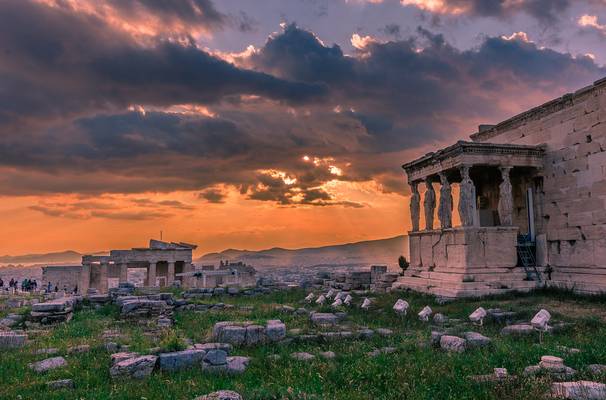 Karyatides of Acropolis at sunset
