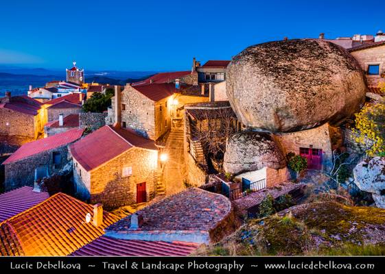 Portugal - Monsanto - Stunning Medieval Mountaintop Portuguese village at Dusk - Twilight - Blue Hour - Night