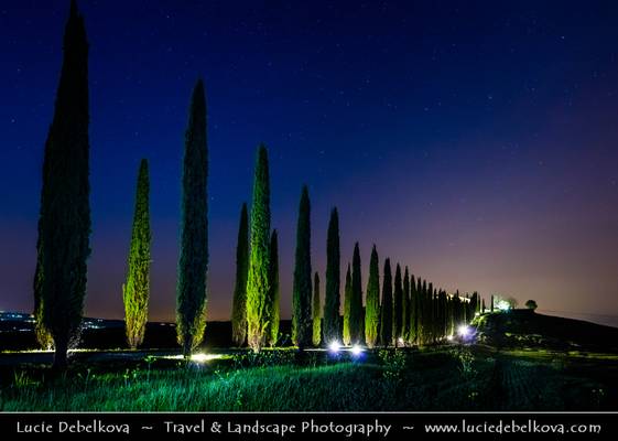 Italy - Tuscany - Val d'Orcia and Iconic Tuscan road with cypress trees at Night