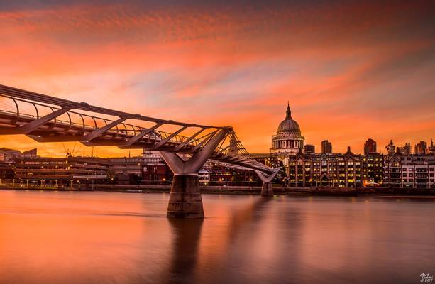 Millennium Bridge and St Paul's Cathedral at Sunset