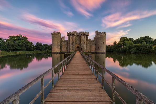 Sunset falls over Bodiam Castle, East Sussex