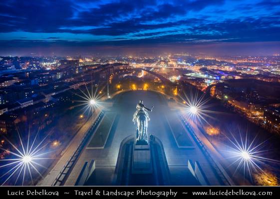 Czech Republic - Prague - Vítkov hill - Equestrian Statue of Jan Žižka of Trocnov at Dusk - Twilight - Blue Hour - Night
