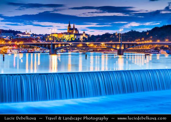 Czech Republic - Prague - Prague Castle & Saint Vitus's Cathedral from Vltava River at Dusk - Twilight - Blue Hour - Night