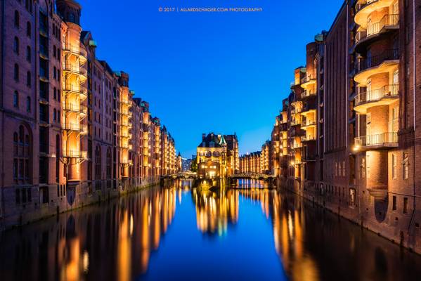 Wasserschloss and Canal Houses in Hamburg Germany at Dusk