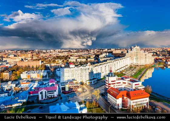 Belarus - Minsk - Aerial view of cityscape during dramatic stormy weather
