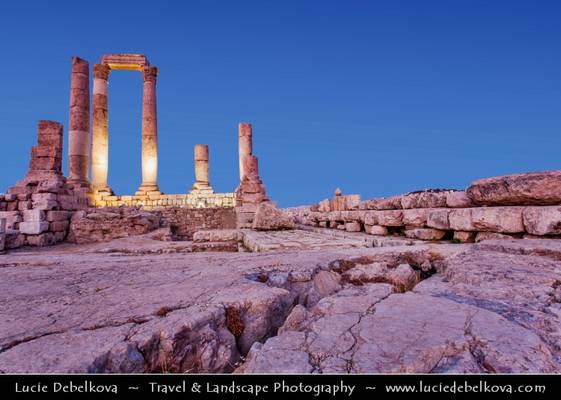 Jordan - Amman - Acropolis - Jebel al-Qal’a - Citadel - Temple of Hercules at Dusk - Twilight - Blue hour