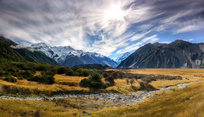 View to Mount Sefton and Mount Cook over Tasman River Valley