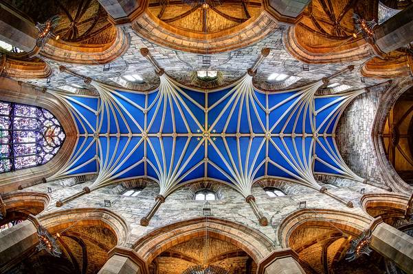 Blue ceiling and stained glass windows at St Giles Cathedral
