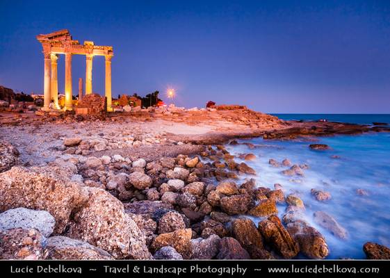 Turkey - Side - Beautiful coastal resort on the Mediterranean Sea - Ruines of the Temple of Apollo at the harbour of Ancient City during Blue Hour - Dusk - Twilight