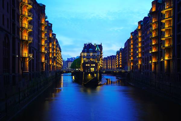 Iconic view of the Hamburg Old Port at the blue hour