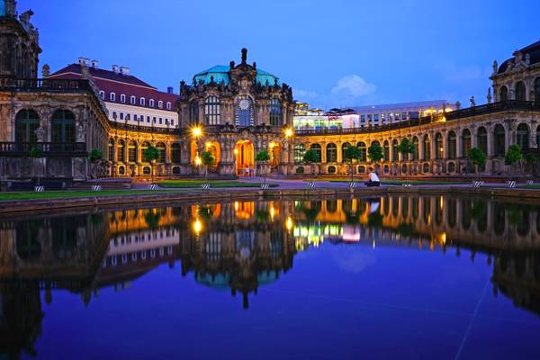 Dresden at the blue hour. Magnificent reflection of Zwinger Palace