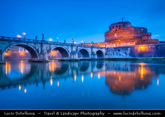 Italy - Rome - St. Angelo Bridge - Ponte Sant'Angelo & Castel Sant'Angelo - Castle of the Holy Angel at Dusk - Twilight - Blue Hour - Night