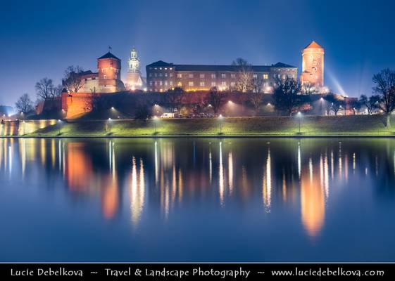 Poland - Krakow - UNESCO - Wawel Royal Castle reflected in Wisla River - Dusk - Twilight - Blue Hour