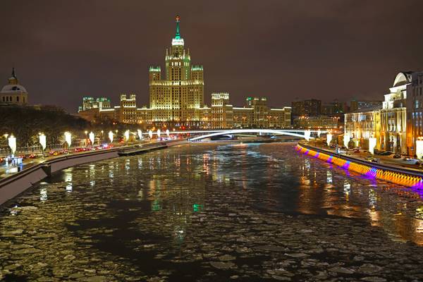 Moscow by night. Half melted ice in Moscow River