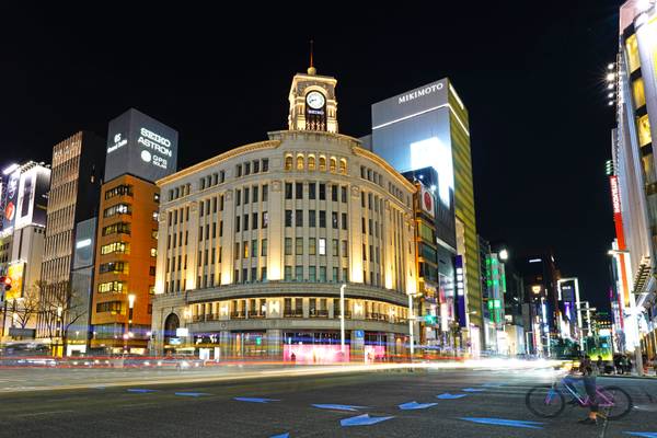 Tokyo by night. The clock tower of Ginza