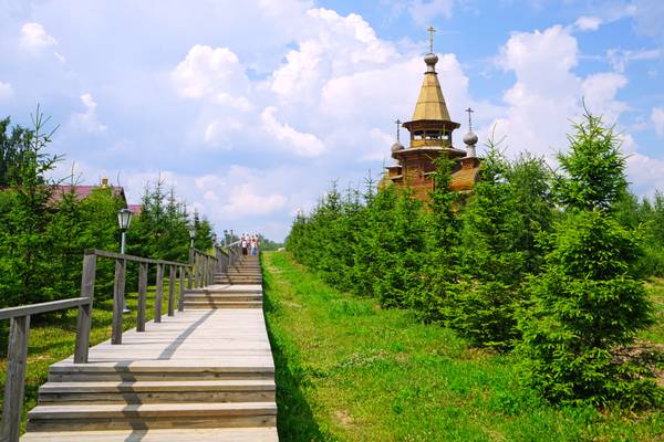 Wooden footpath to the Temple, Gremyachy Spring, Russia