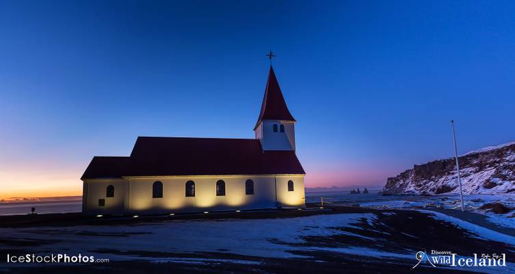 The Vik church (Víkurkirkja) on the hill at Vík village in the morning glow - #Iceland