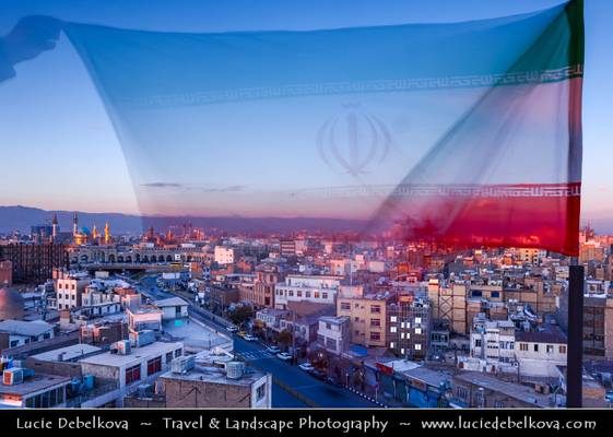 Iran - Mashhad - Ghost Iranian Flag over Mashhad and Holy shrine of Imam Riza