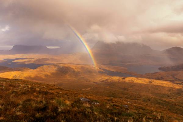 Magical Rainbow Over Suilven and Cul Mor from Stac Pollaidh, Assynt, Scotland