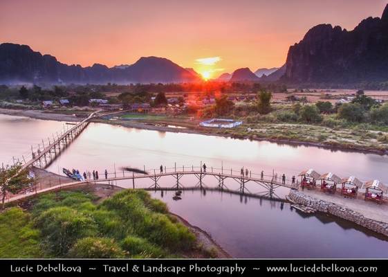Laos - Sunrise over Bamboo Bridge in Vang Vieng