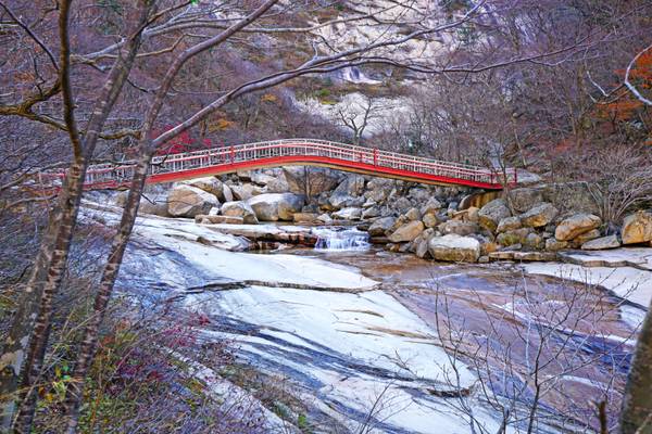 Red bridge over Singye stream, Kumgang mountains, DPRK