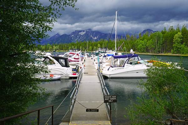 Boats dock on the Jackson Lake, Wyoming, USA