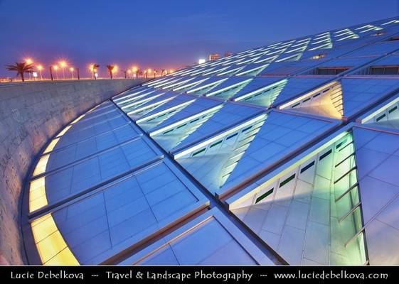 Egypt - Alexandria - New Library of Alexandria - The New Bibliotheca Alexandrina lit at Dusk - Blue Hour - Twilight - Night