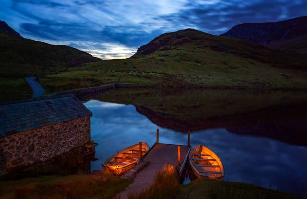 Rowing Boats by Moonlight, Llyn Y Dywarchen, Snowdonia North Wales