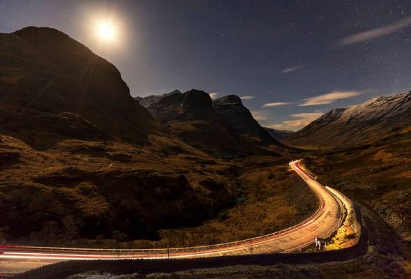 Headlights and Moonlight, Three Sisters, Glencoe, Scotland