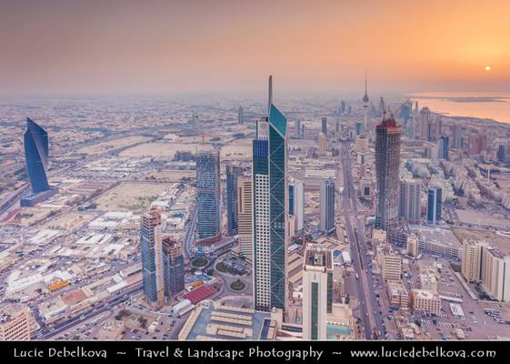 Kuwait - Kuwait City Skyline with Modern Skyscrapers at Sunset