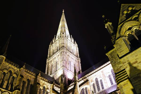 Salisbury by night. The Cathedral spire