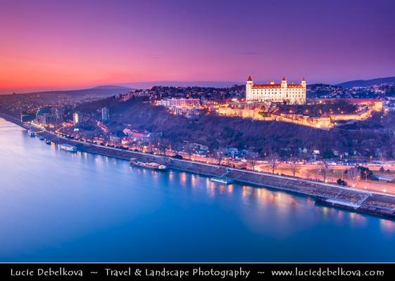 Slovak Republic - Bratislava - Bratislava Castle from Banks of Danube River at Dusk - Twilight - Night