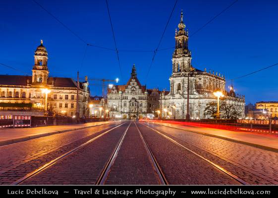Germany - Dresden - Dusk over Historical Center - Traffic on St. Augustus Bridge - Augustusbrücke & The Hofkirche