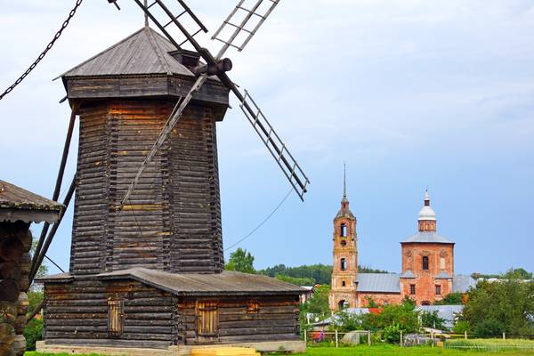 View with a wooden windmill, Suzdal, Russia