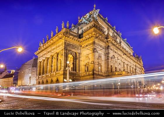 Czech Republic - Prague - Praha - Playing with Light - Tram Passing through Old Town in front of Prague National Theatre at Dusk - Twilight - Blue Hour