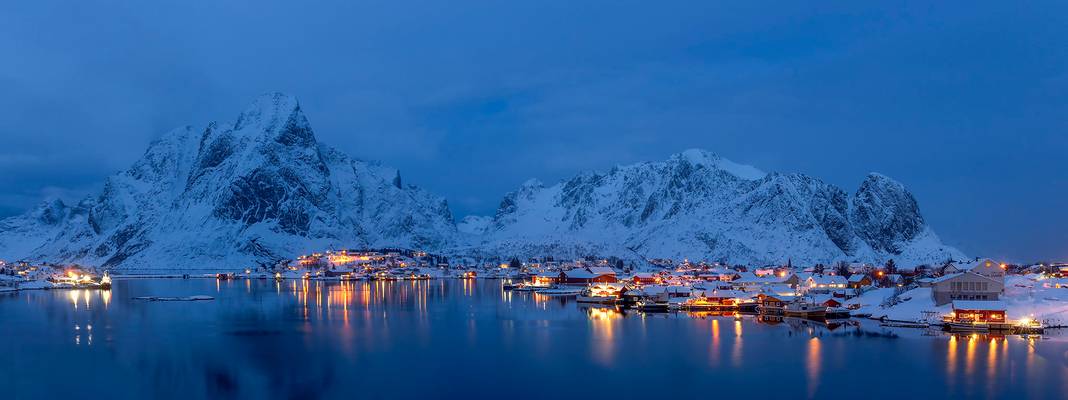 Blue Hour, Warm Lights, Reine, Lofoten, Norway