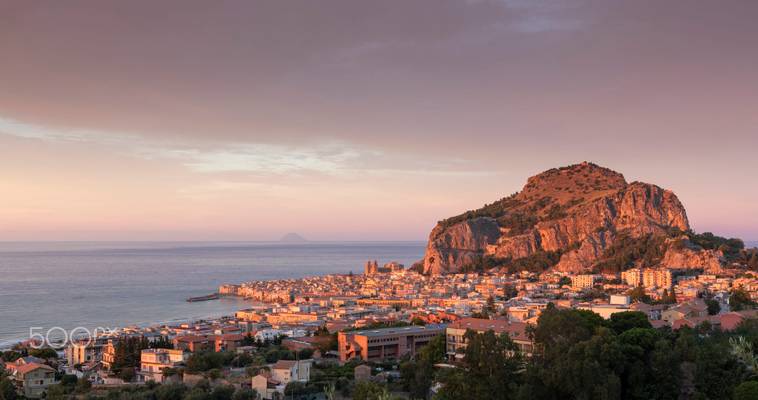 City skyline of Cefalu during sunset, Sicily Italy
