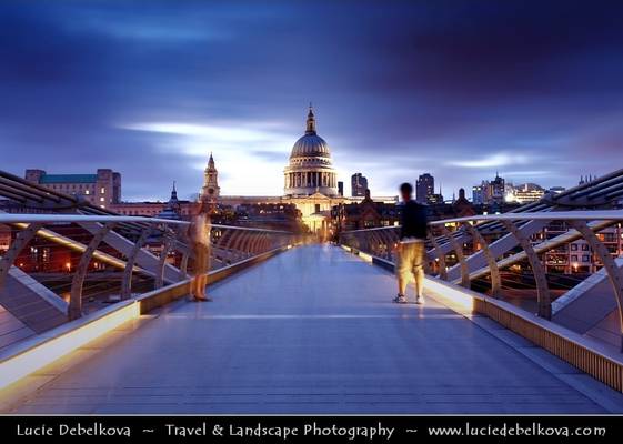 UK - England - London - Dusk at St. Paul's Cathedral and the Millennium bridge over the river Thames