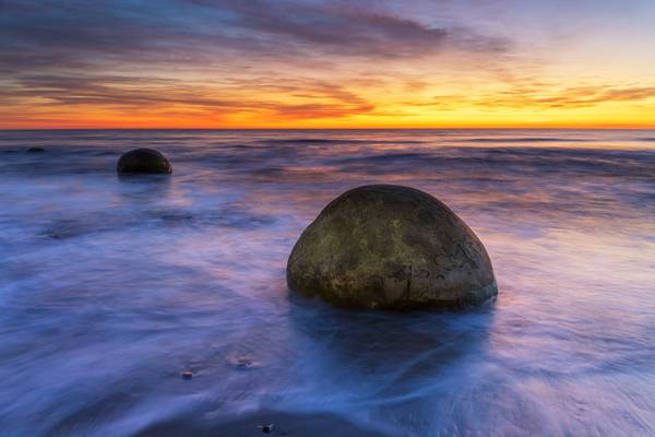 Fiery Sunrise, Moeraki Boulders, New Zealand