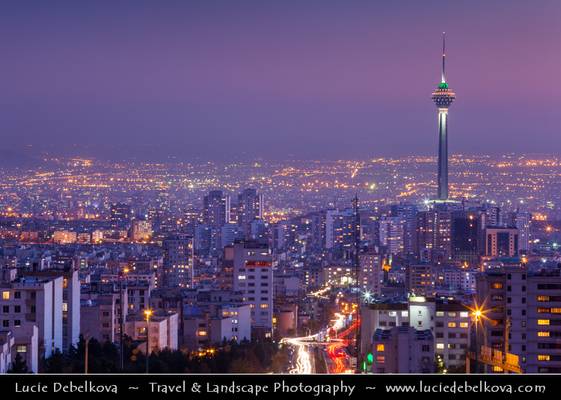 Iran - Dusk over Tehran Cityscape & Borj-e Milad - Milad Tower - Tallest tower in Iran