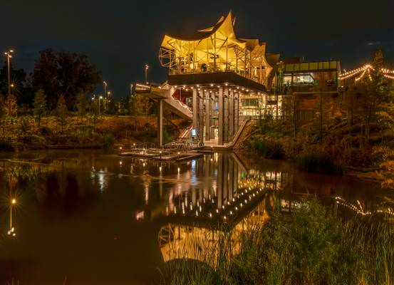 Boat House with Yellow Lights