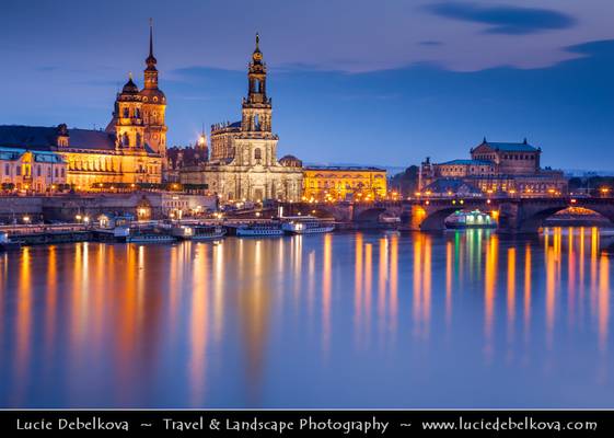 Germany - Dresden - Baroque-style Architecture Reflected in Waters of River Elbe at Dusk