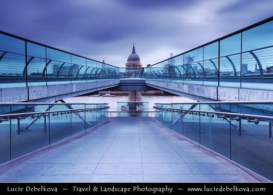 UK - England - London - Dusk at St. Paul's Cathedral and the Millennium bridge over the river Thames
