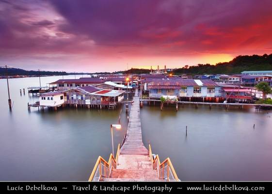 Brunei Sultanate - Borneo Island - Bandar Seri Begawan - Watervillage - Walkway over the River towards Red/Pink Sunset