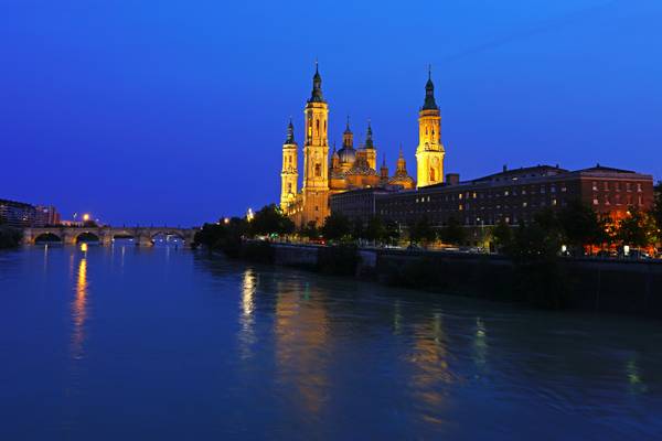 Zaragoza at the blue hour. The Cathedral & Ebro river