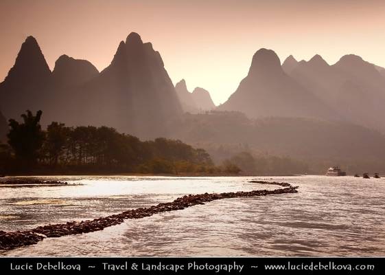 China - Guanxi Province - Guilin - Yangshuo - Limestone karsts along Li river at Sunset