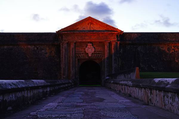 Morro Castle gate after sunset, Puerto Rico