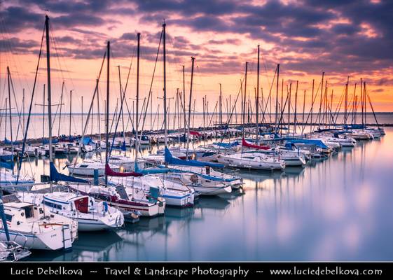 Hungary - Siofok - Lake Balaton - Balcsi - Largest freshwater lake in Central Europe - Boats in Yacht Club during Sunrise Time